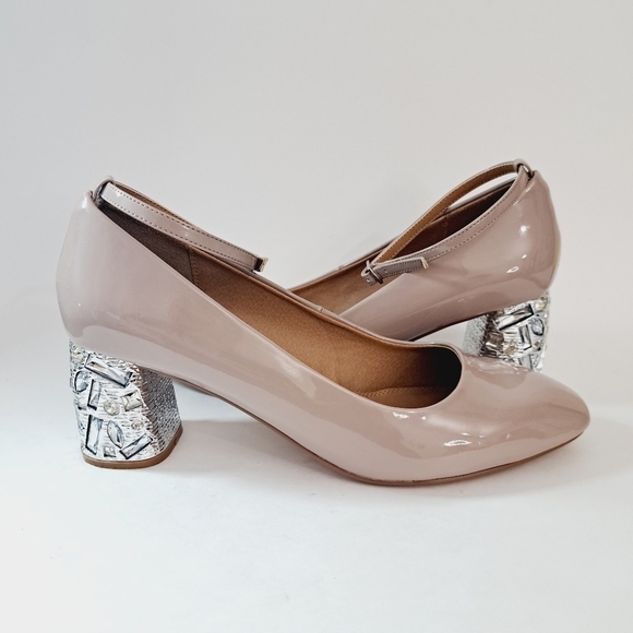 ASOS Snowflake Jewelled‎ Mid Ankle Strap Heels in Warm Taupe Patent - Picture 10 of 10